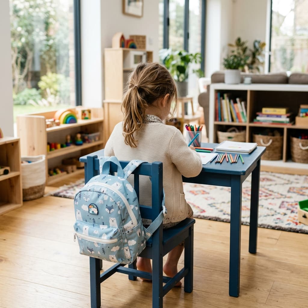 Child at study desk with backpack on chair