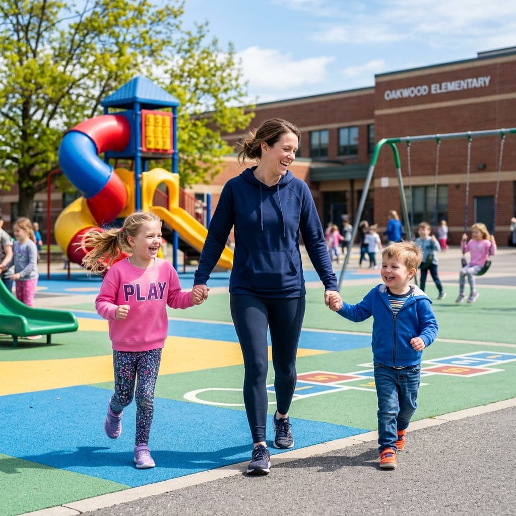 Mother and kids walking happily in playground